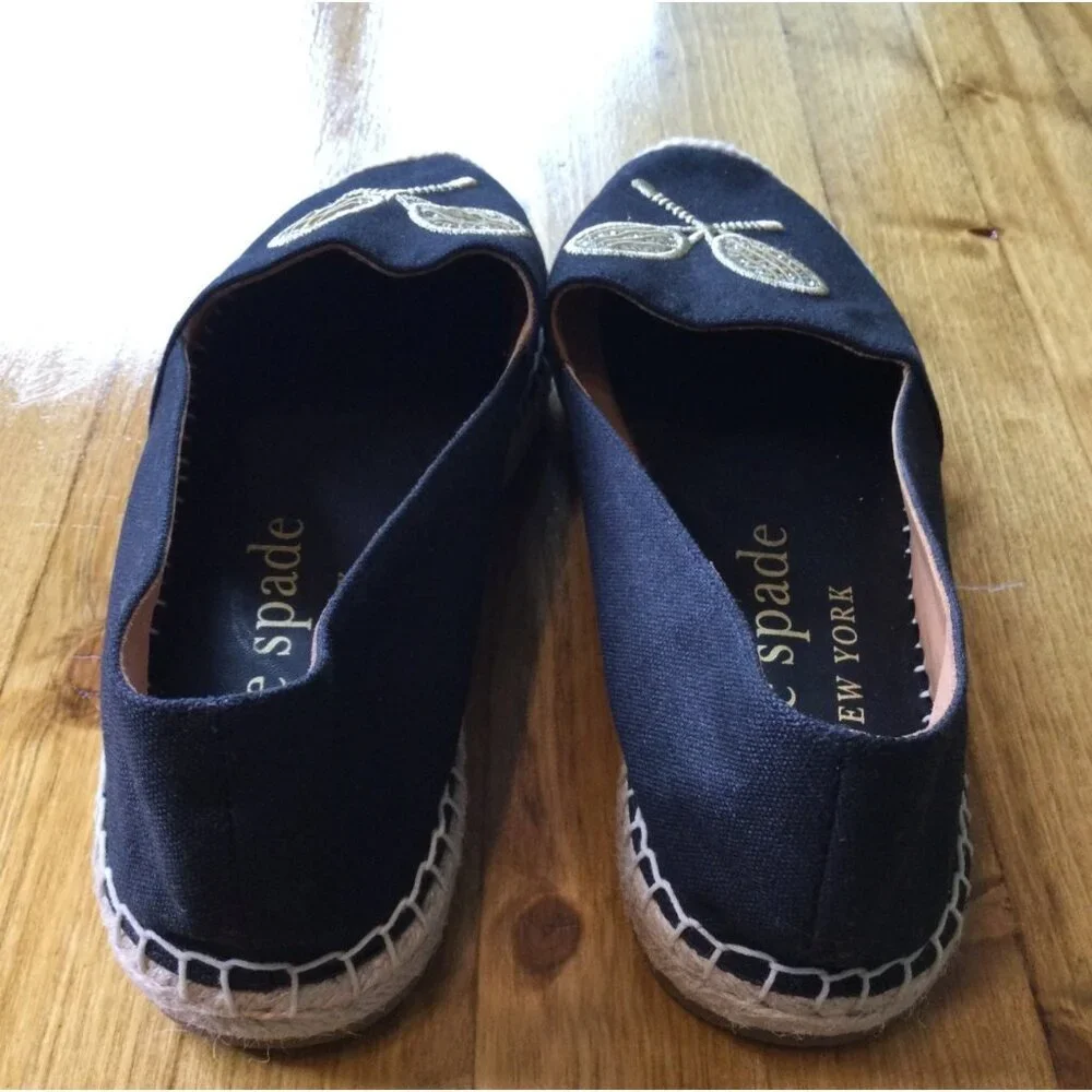 Kate Spade Double Tennis Racket Embroidered Canvas Espadrilles 7.5 Black Gold